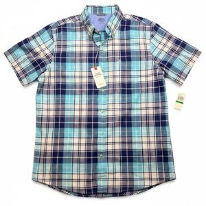 Izod Saltwater Chambray Relaxed Fit Men's Blue and White Plaid Button Down Shirt